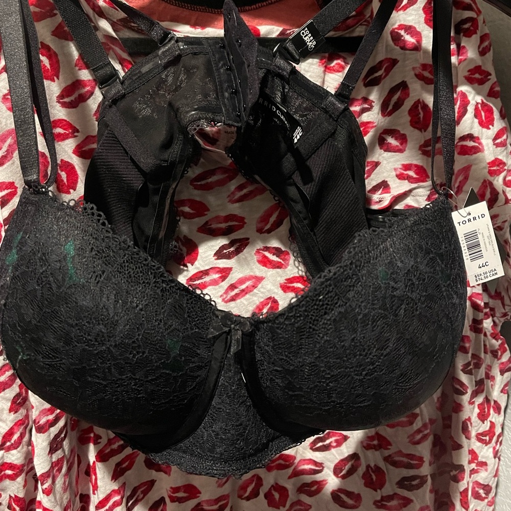 Torrid Curve Bombshell Strapless Padded Push-Up Bra 44C NWT Black Lace and Green - Picture 3 of 5